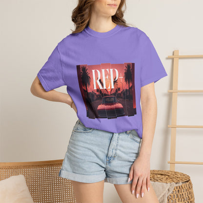 80s retro-futuristic graphic tee featuring muscle car and warm magenta horizon