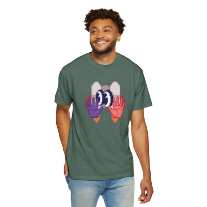 8 bit art tee side angle chest print on mannequin studio background
