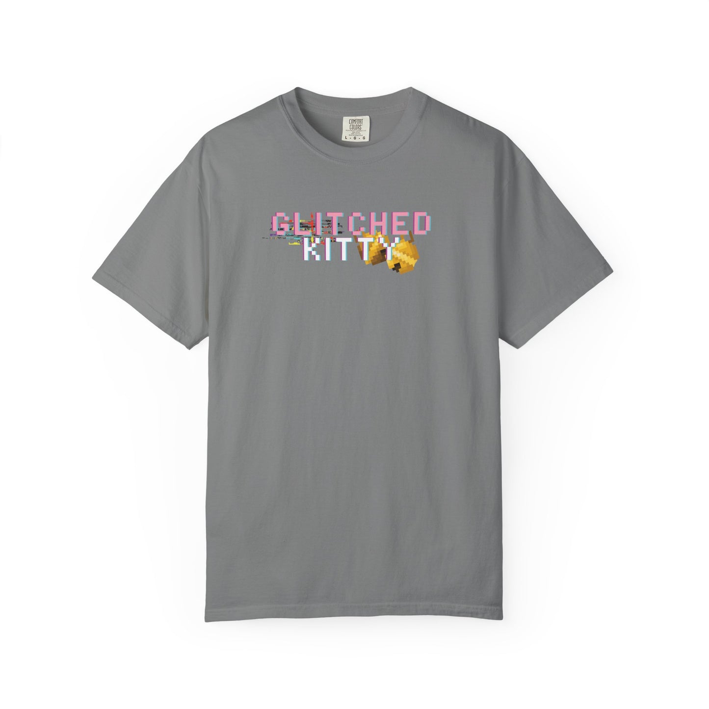 8 bit cat shirt with blocky sprite style feline motif
