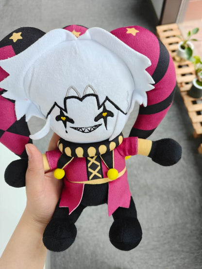 A 25-centimeter soft plush toy styled as a creepy circus jester, crafted by hand and photographed on a pure white backdrop without distractions
