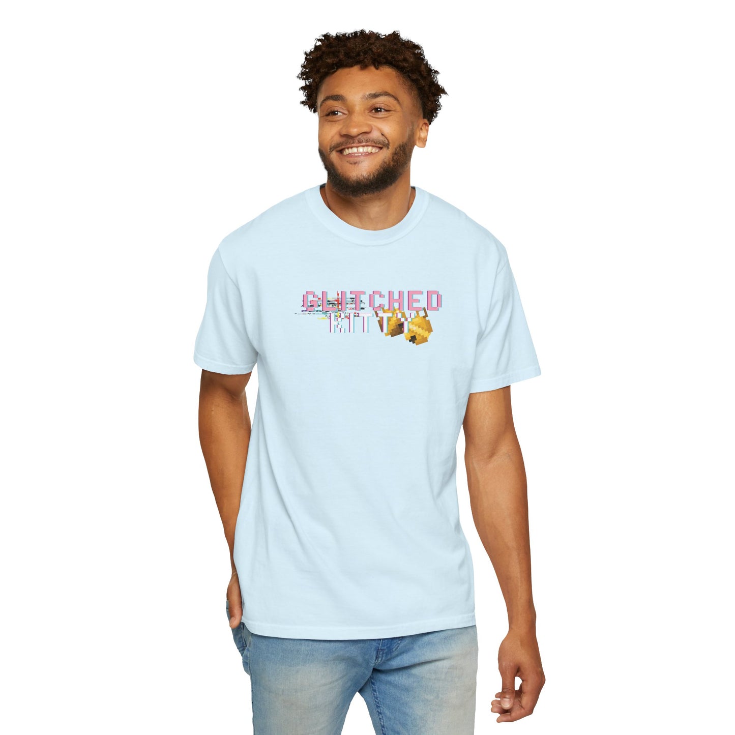 A model wearing a relaxed-fit, vintage-wash pixel cat t-shirt, styled in a casual, everyday streetwear look