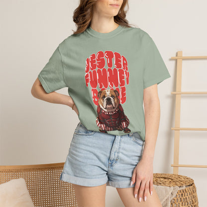 A model wearing the comfortable, relaxed-fit bulldog jester graphic tee.