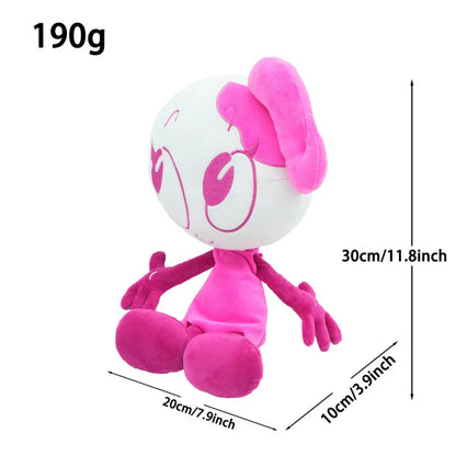 A pink and white plush toy with dimension lines and text showing measurements of 20cm/7.9inch in width, 10cm/3.