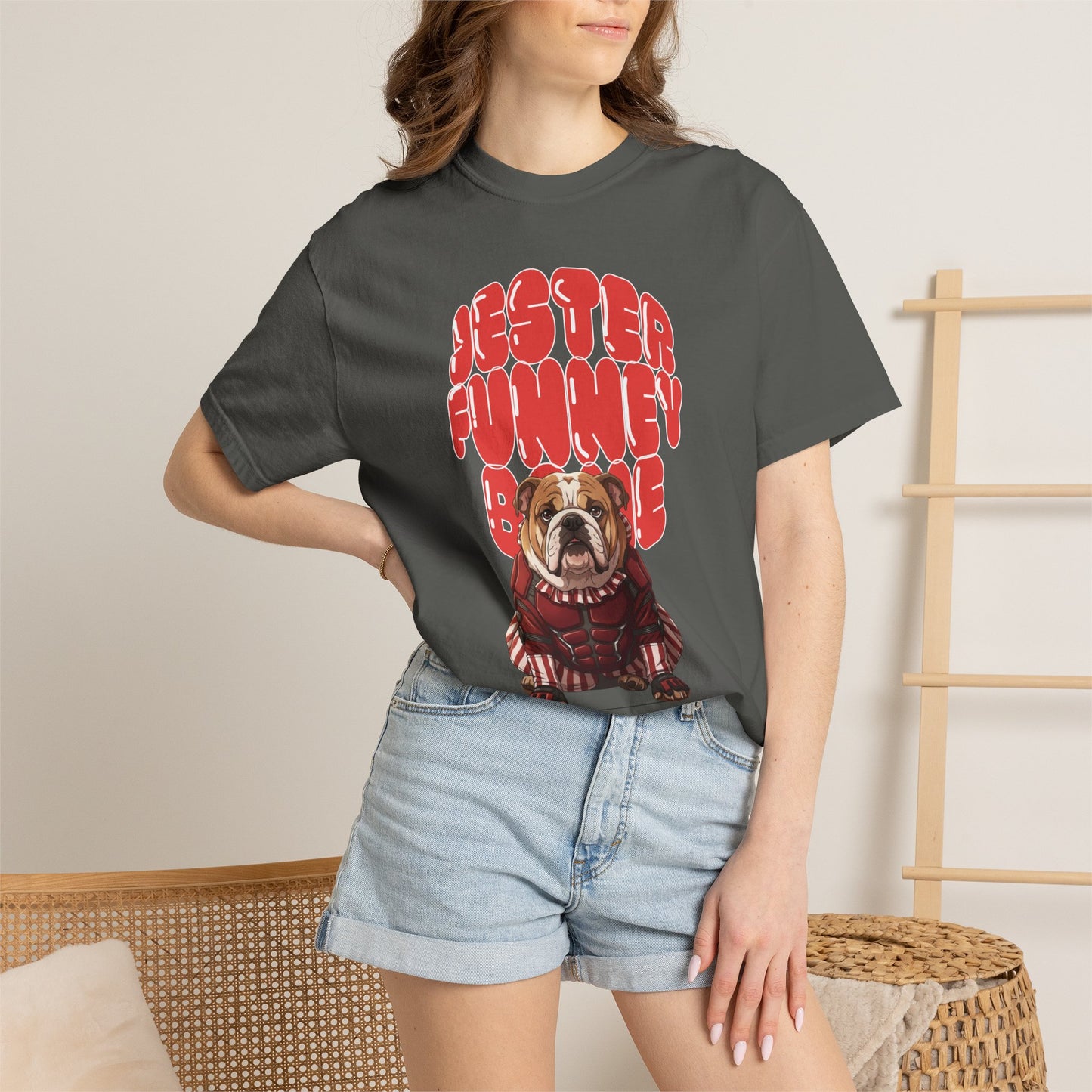 A stylized illustration of a dog sidekick dressed in a jester villain outfit.