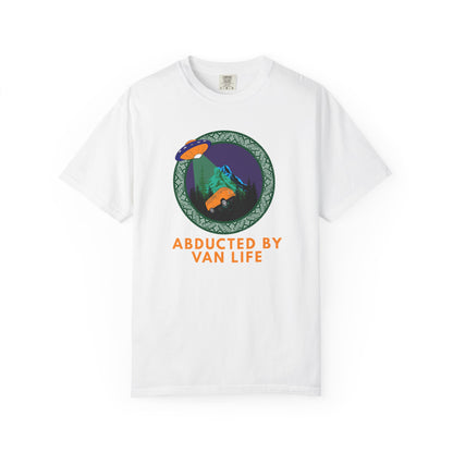Abducted by van life graphic T-shirt with UFO beaming up orange camper van