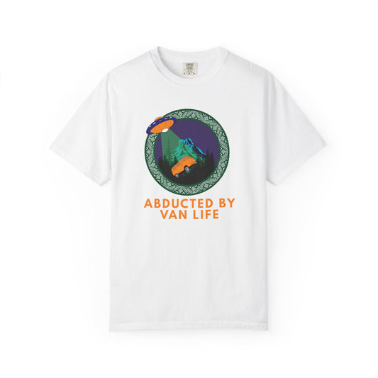 Abducted by van life graphic T-shirt with UFO beaming up orange camper van