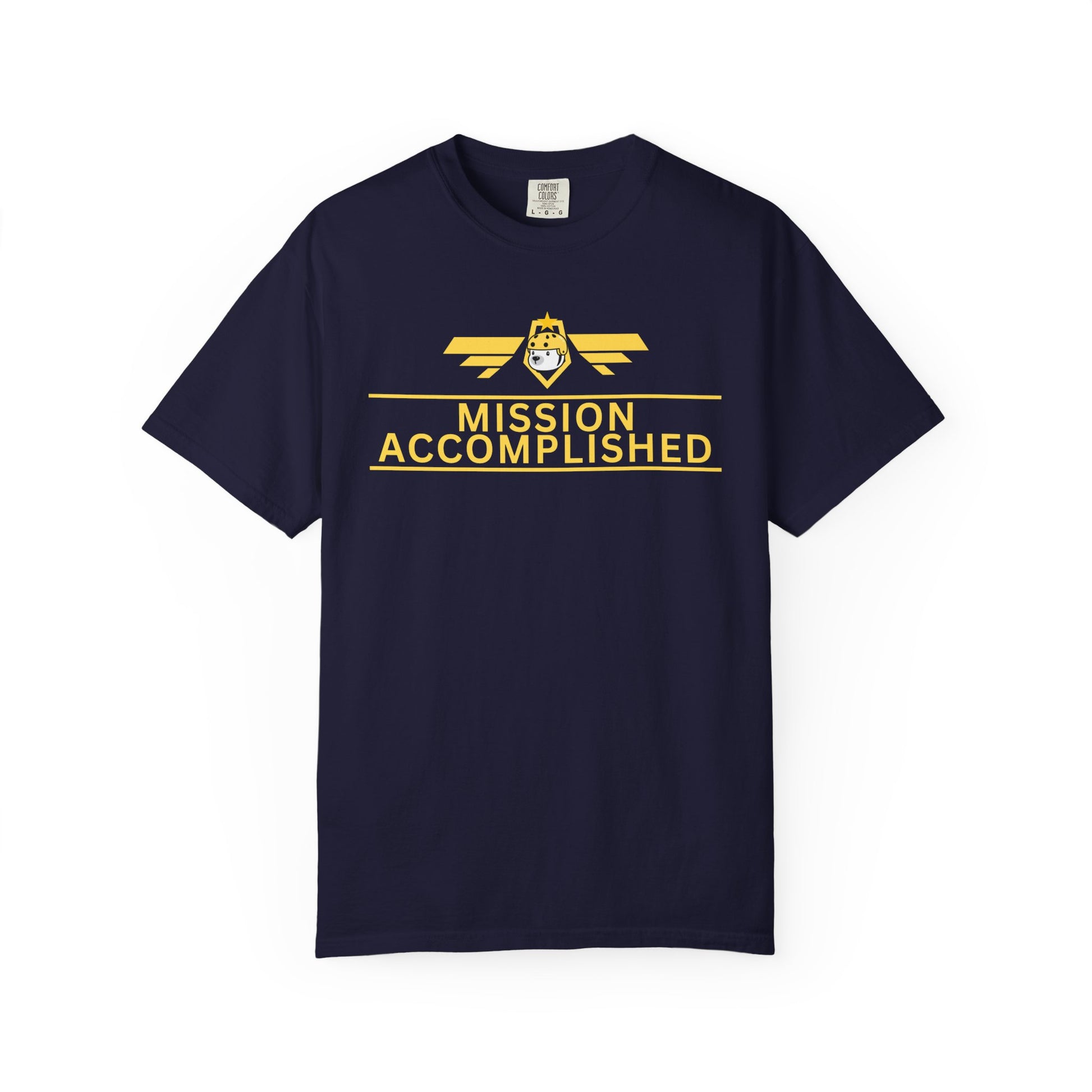 Achievement Unlocked t-shirt front view with yellow mascot pup in military gear