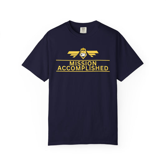 Achievement Unlocked t-shirt front view with yellow mascot pup in military gear