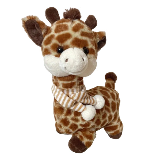 Adorable 32cm spotted giraffe stuffed toy wearing a striped scarf on white background