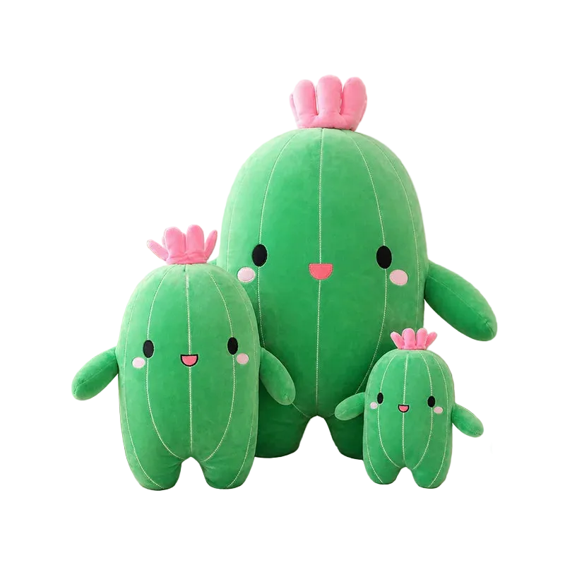 Adorable cactus plush toy with a sweet smiling face on a white background