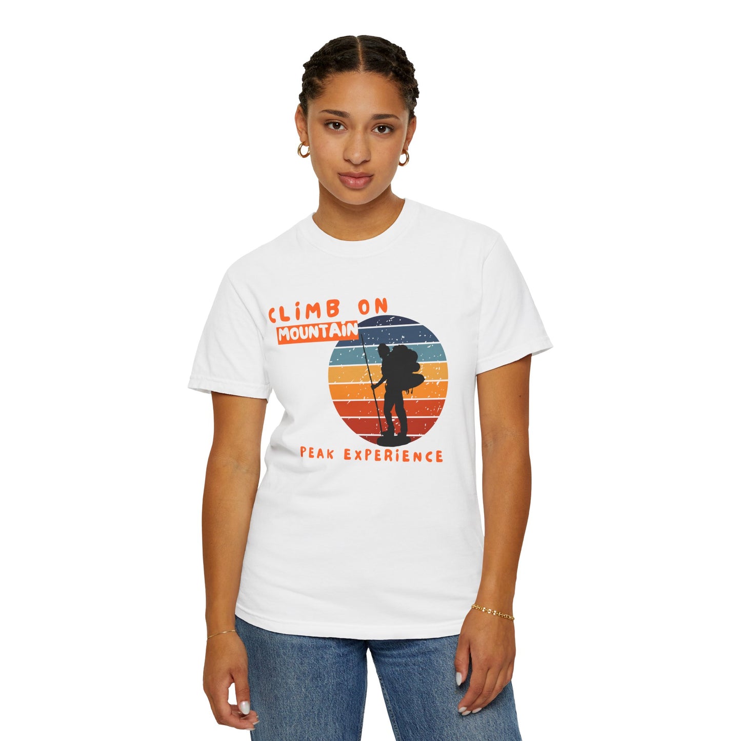 Adventure seeker t-shirt with layered mountain graphic and peak experience text