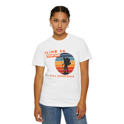Adventure seeker t-shirt with layered mountain graphic and peak experience text