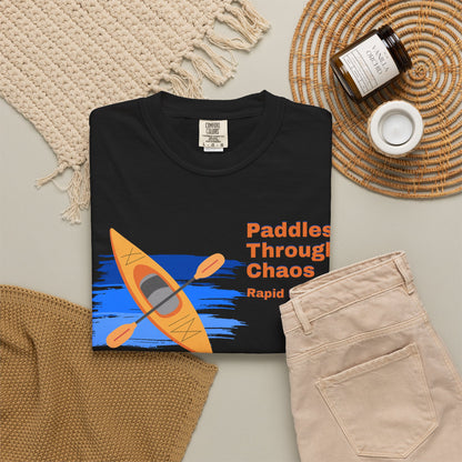 Adventure sports clothing flat lay — Paddles Through Chaos tee in multiple colorways