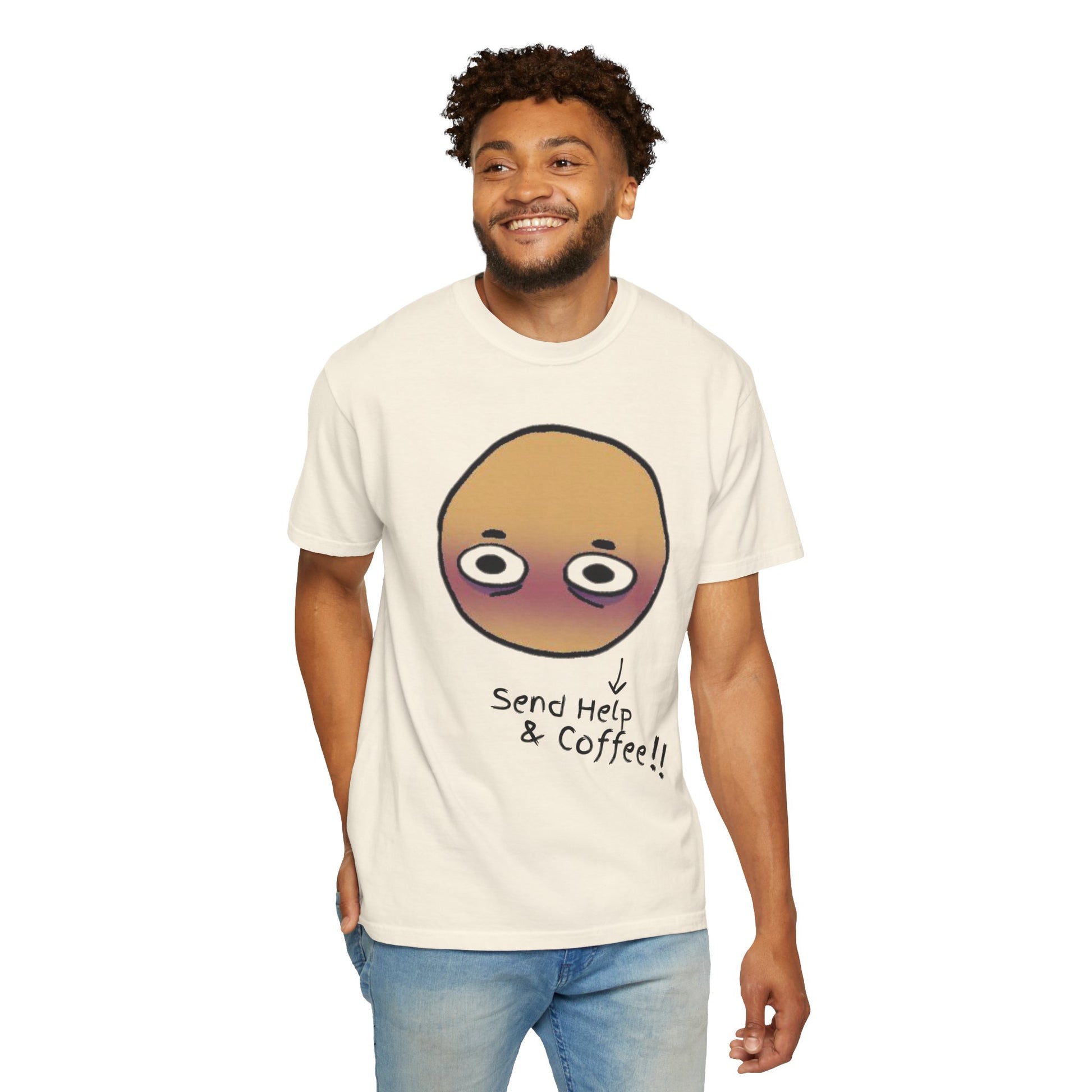 Aesthetic meme clothing — sleepy face graphic tee side angle