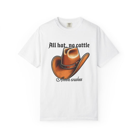 All hat non cattle tees with illustrated cowboy hat graphic front view
