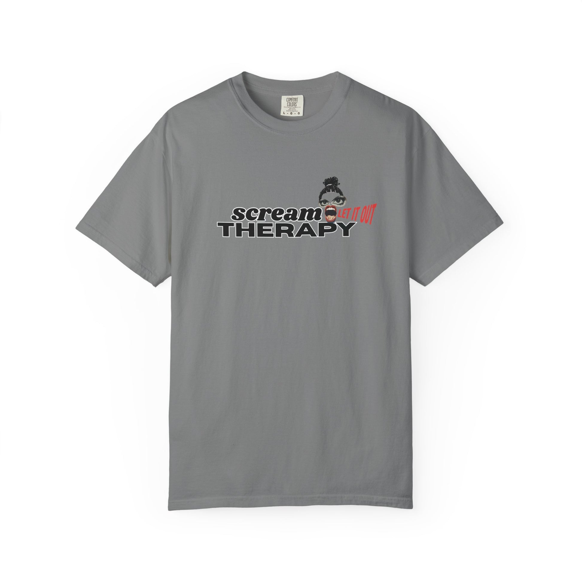 Alternative grunge streetwear graphic tee with electric red LET IT OUT stamp