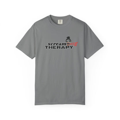 Alternative grunge streetwear graphic tee with electric red LET IT OUT stamp