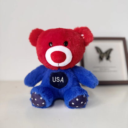 American bear plush with red white and blue flag design
