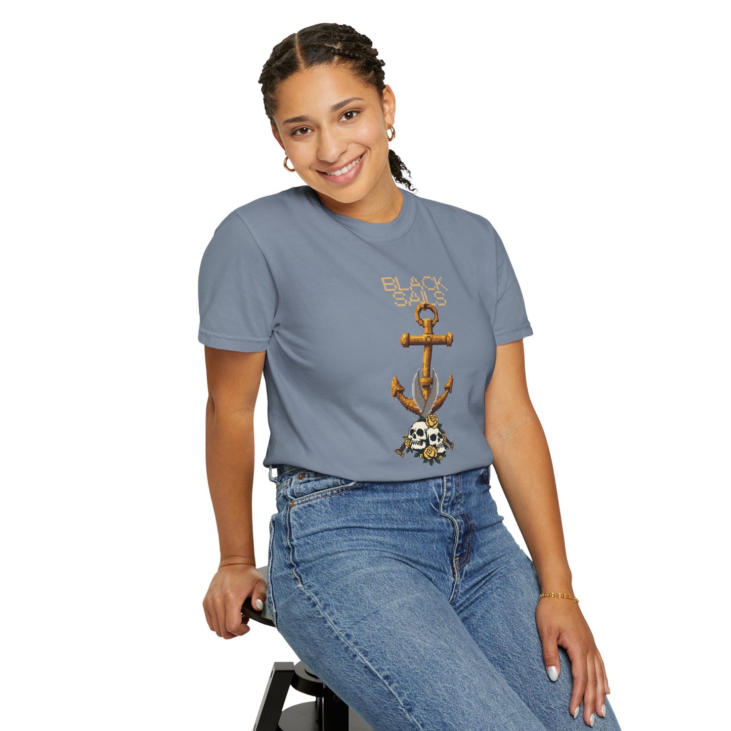 Anchor pixel art tee worn streetwear style with bucket hat and sneakers
