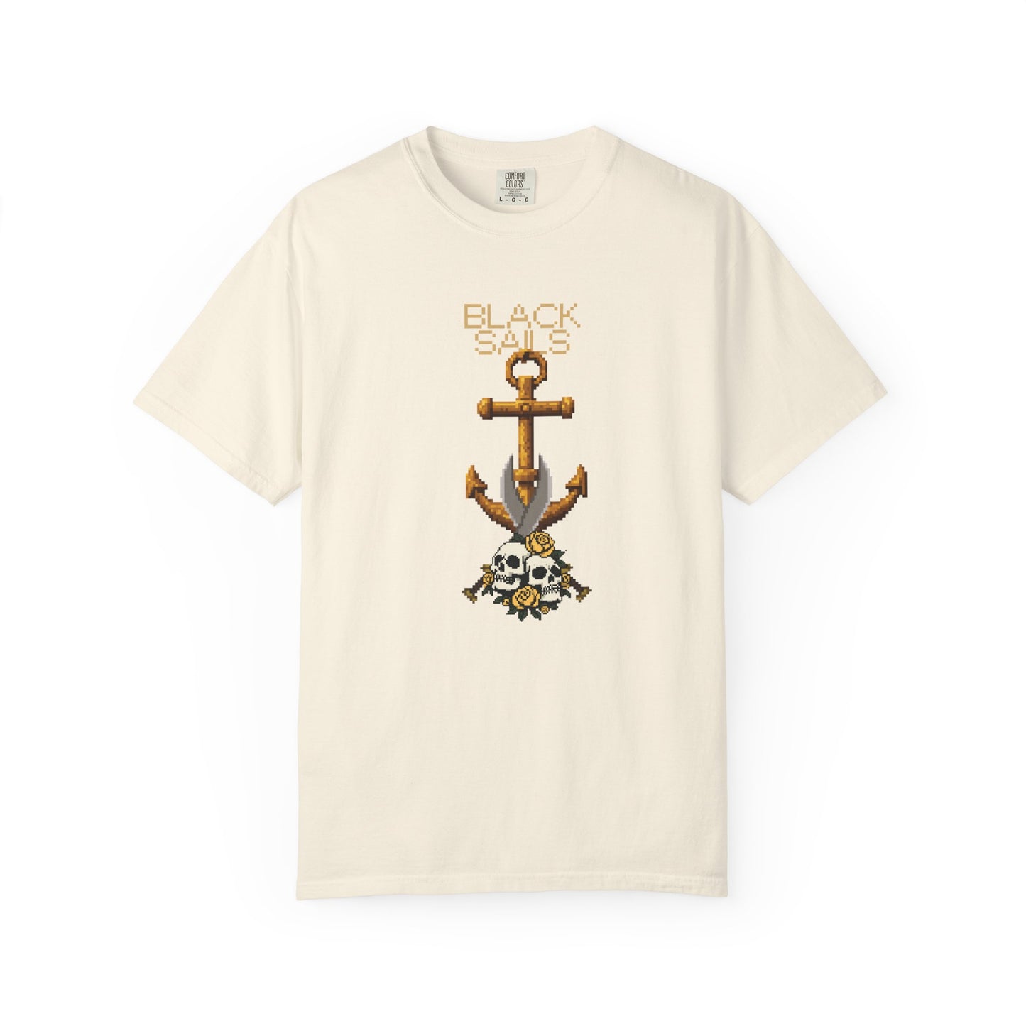 Anchor skull t-shirt with twin pixel skulls and hidden blade detail on black Comfort Colors 1717
