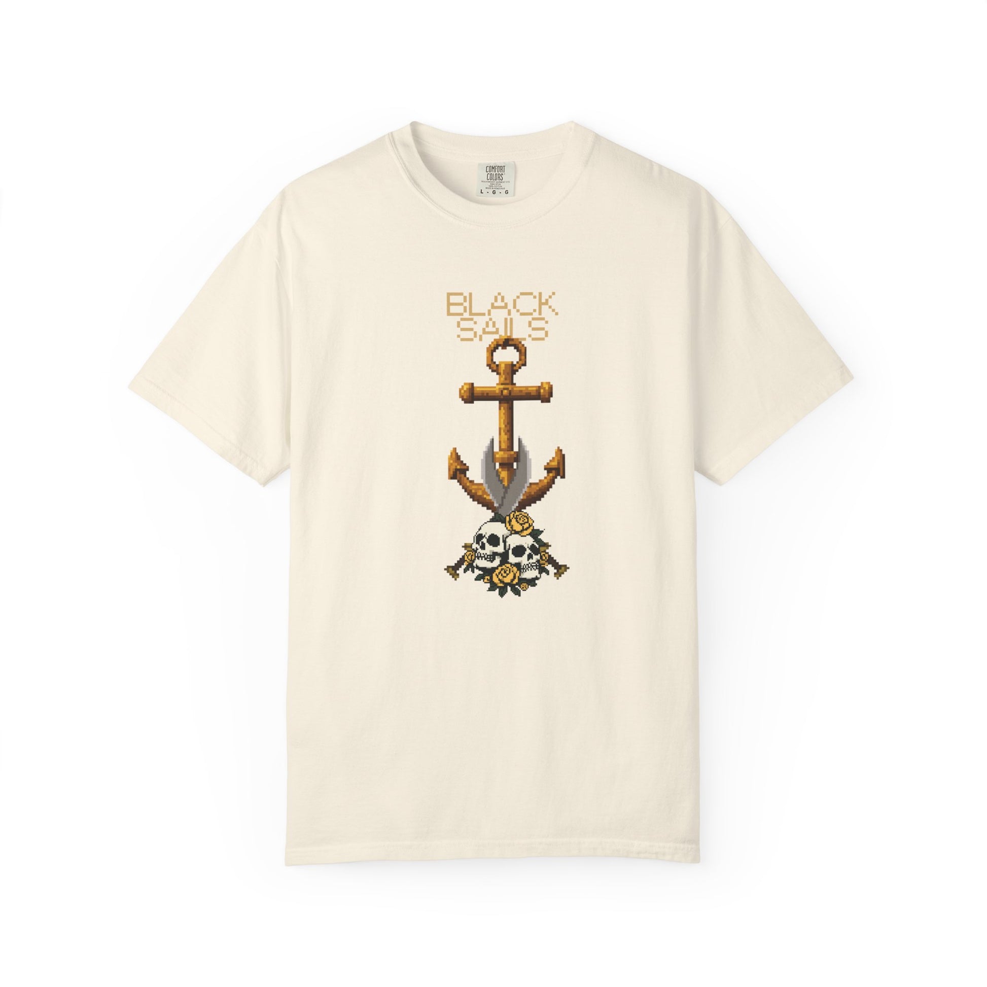 Anchor skull t-shirt with twin pixel skulls and hidden blade detail on black Comfort Colors 1717

