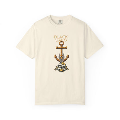 Anchor skull t-shirt with twin pixel skulls and hidden blade detail on black Comfort Colors 1717
