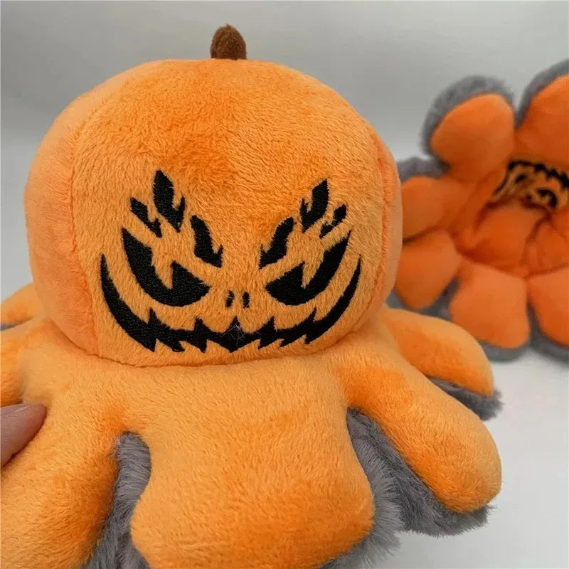 Angry orange jack o lantern plush facing forward on a white background, handmade Halloween stuffed animal 20cm