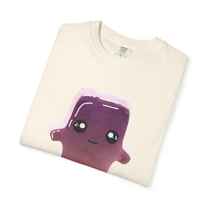 Anime-inspired clothing featuring a round-eyed kawaii jelly blob design on a vintage-dyed tee