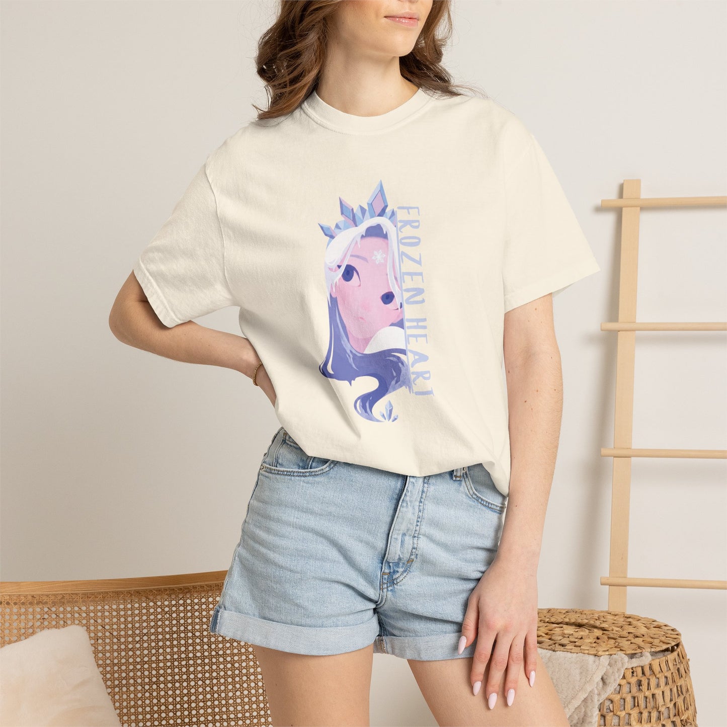 Anime aesthetic t-shirt close-up of double-needle stitching and premium fabric quality on winter majesty design

