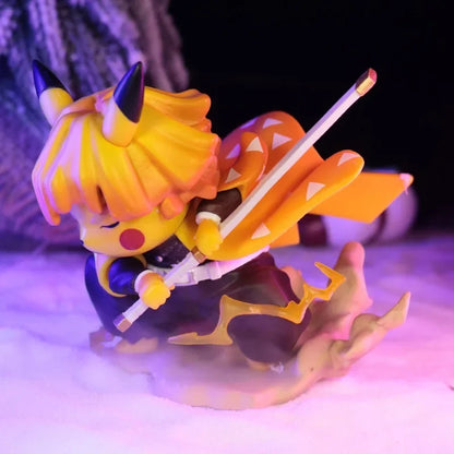 Anime collectible figurine Zenitsu Agatsuma Pikachu cosplay, full body shot
