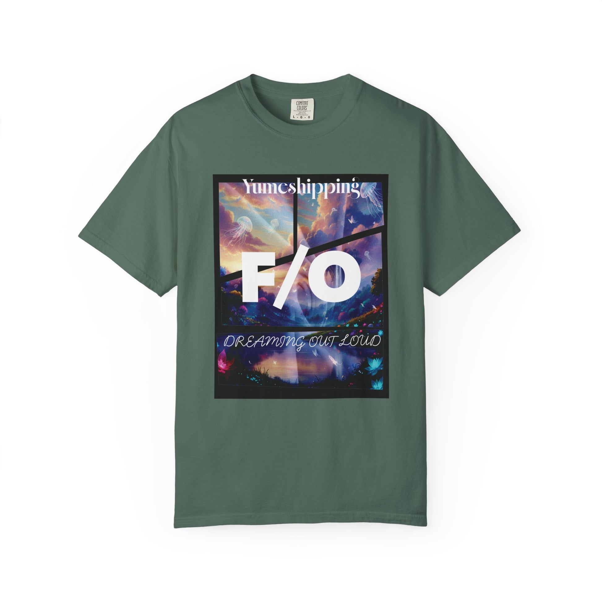 Anime fandom apparel close-up of F/O centerpiece and elegant Yumeshipping typography
