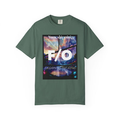 Anime fandom apparel close-up of F/O centerpiece and elegant Yumeshipping typography

