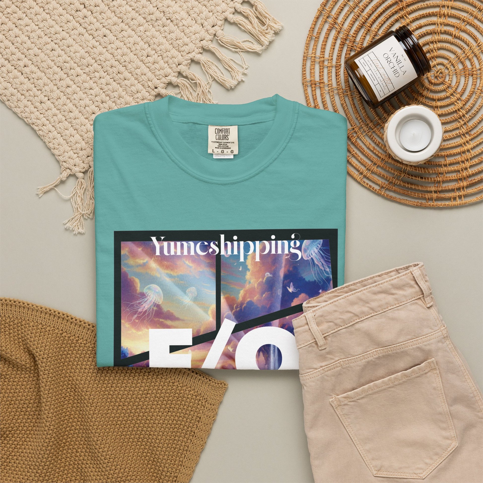 Anime fandom apparel with surreal dreamscape print and Yumeshipping text graphic