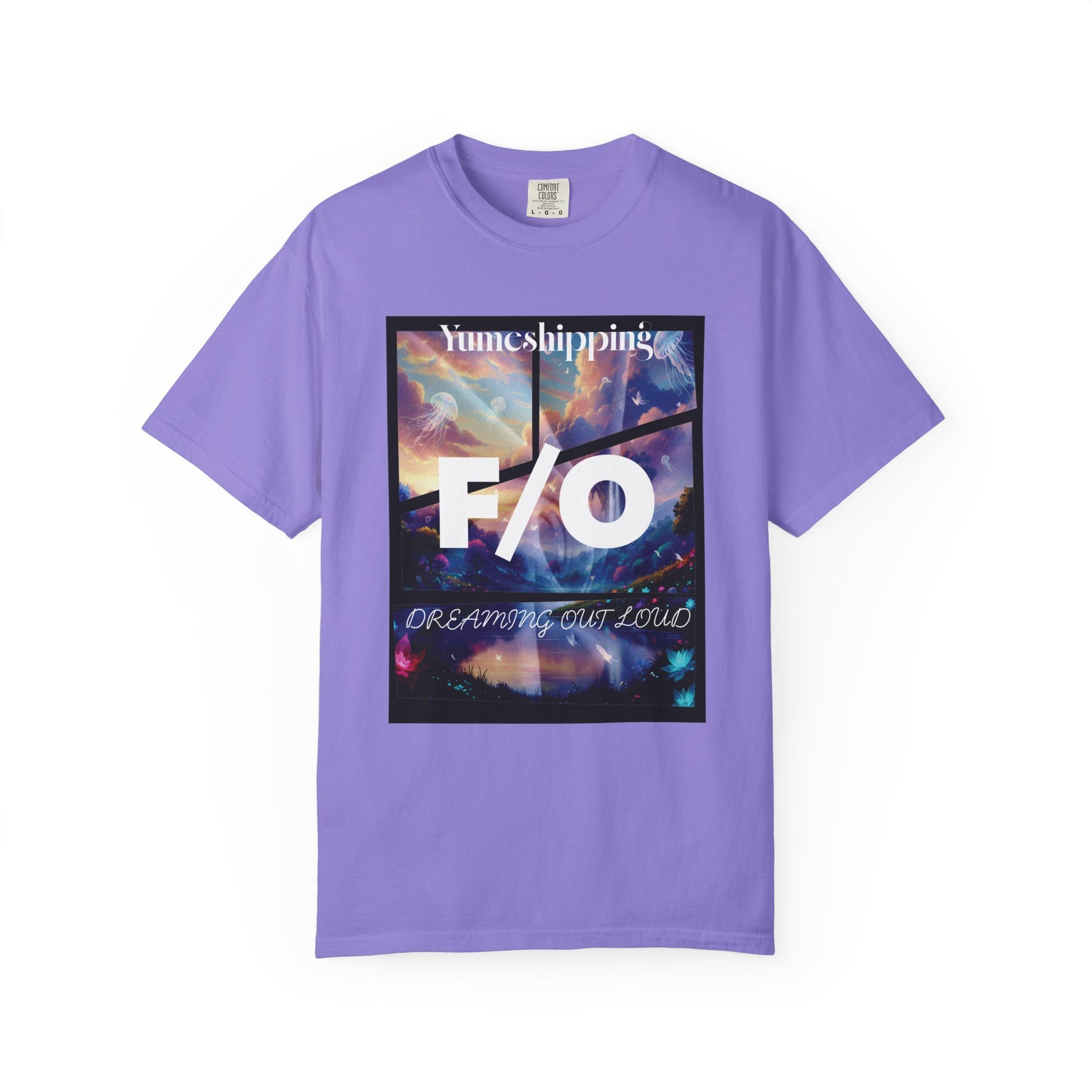 Anime fantasy tee with glowing celestial jellyfish floating through pastel night sky
