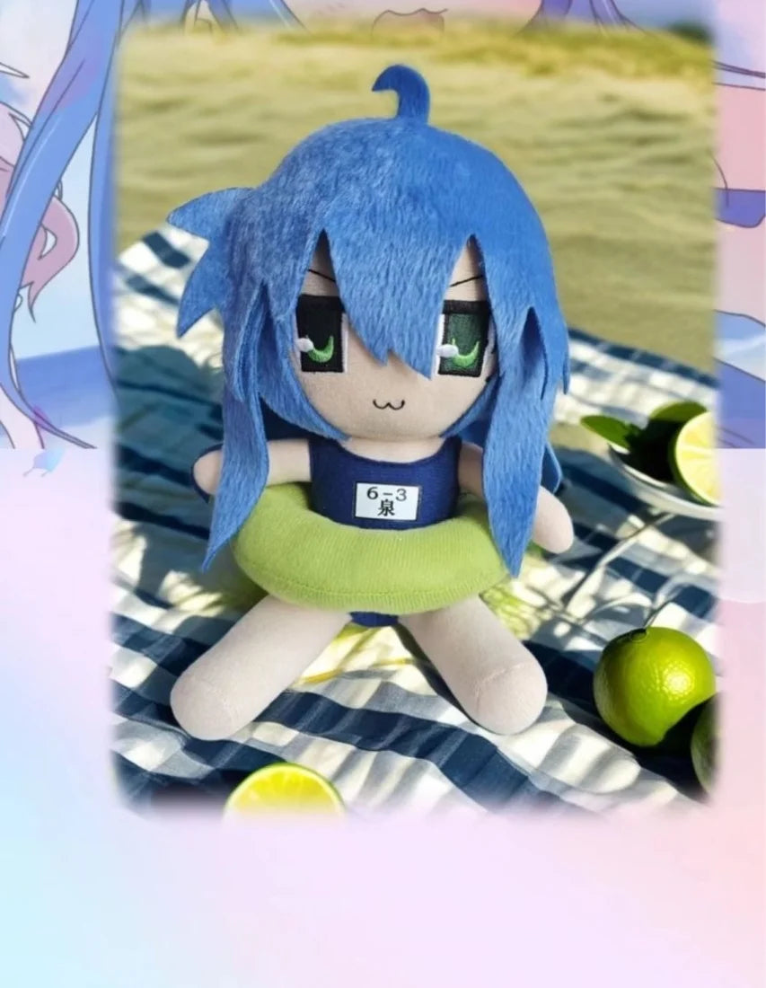 Anime fumo plush Konata Izumi swimsuit design on display shelf