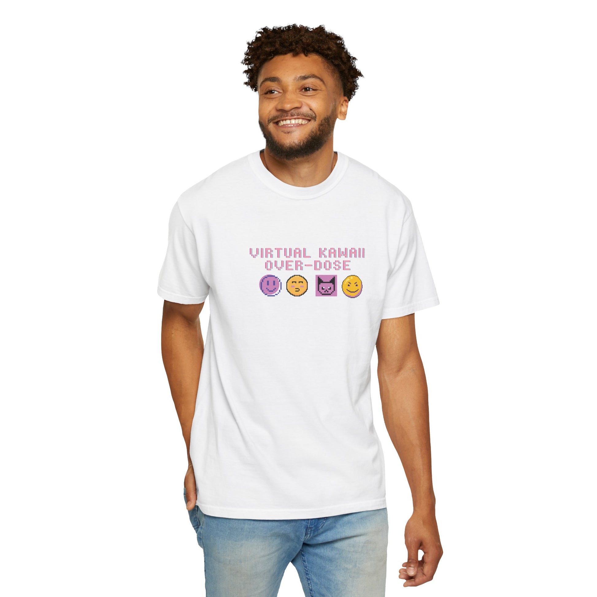 Anime gamer shirt featuring pixelated kawaii faces inspired by Mew Mew Kissy Cutie
