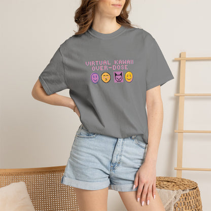 Anime gamer shirt paired with arm warmers and chunky headphones for cyber-kawaii look
