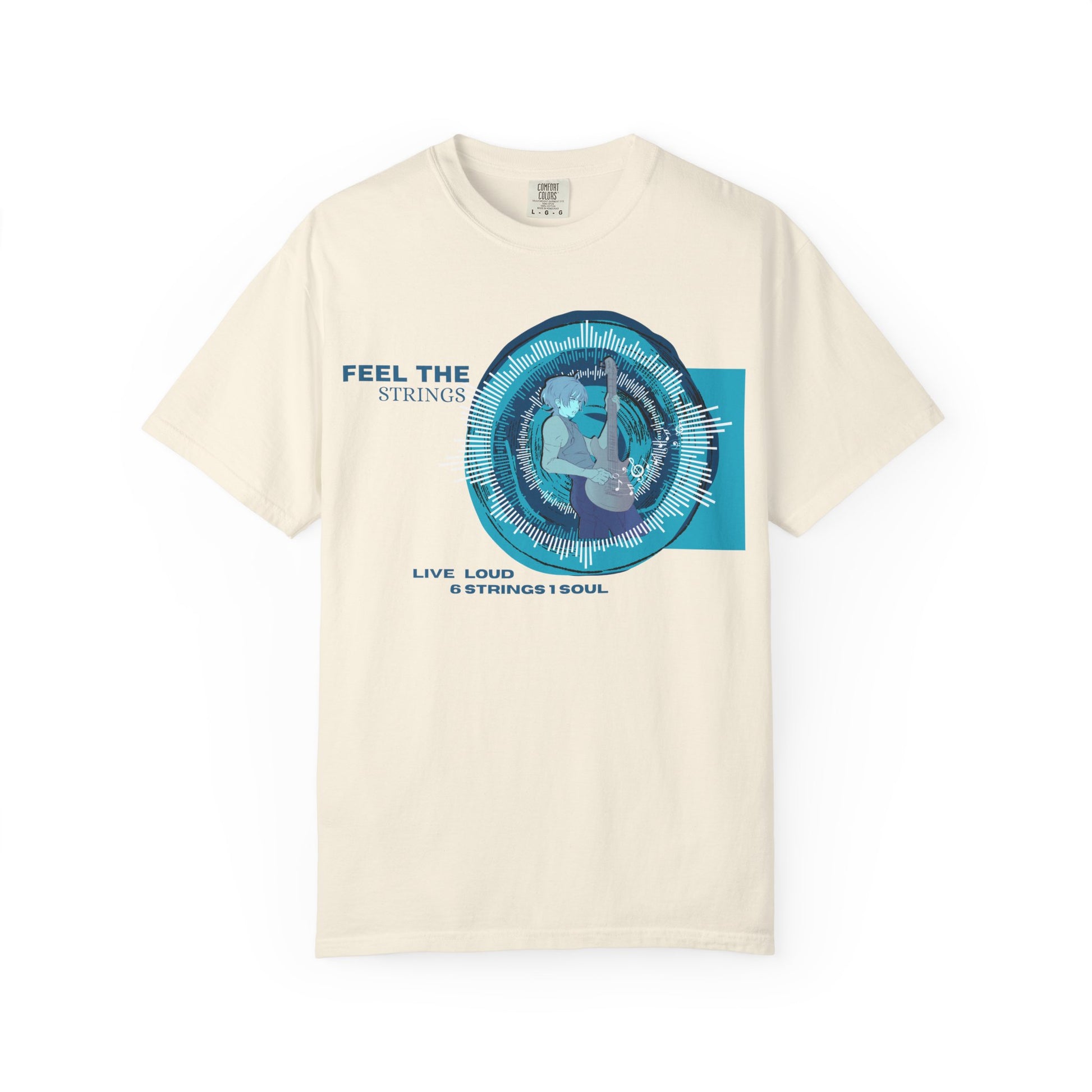 Anime guitarist shirt with sound wave visualization design in vivid navy and electric blue