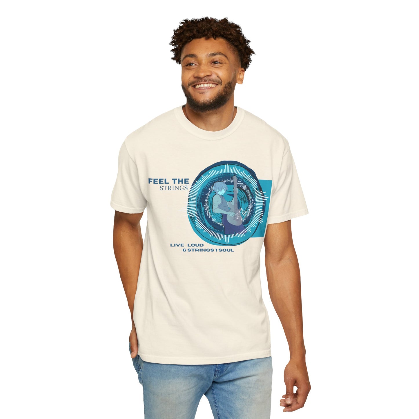 Anime music aesthetic shirt folded flat lay showing vivid blue wave print and texture