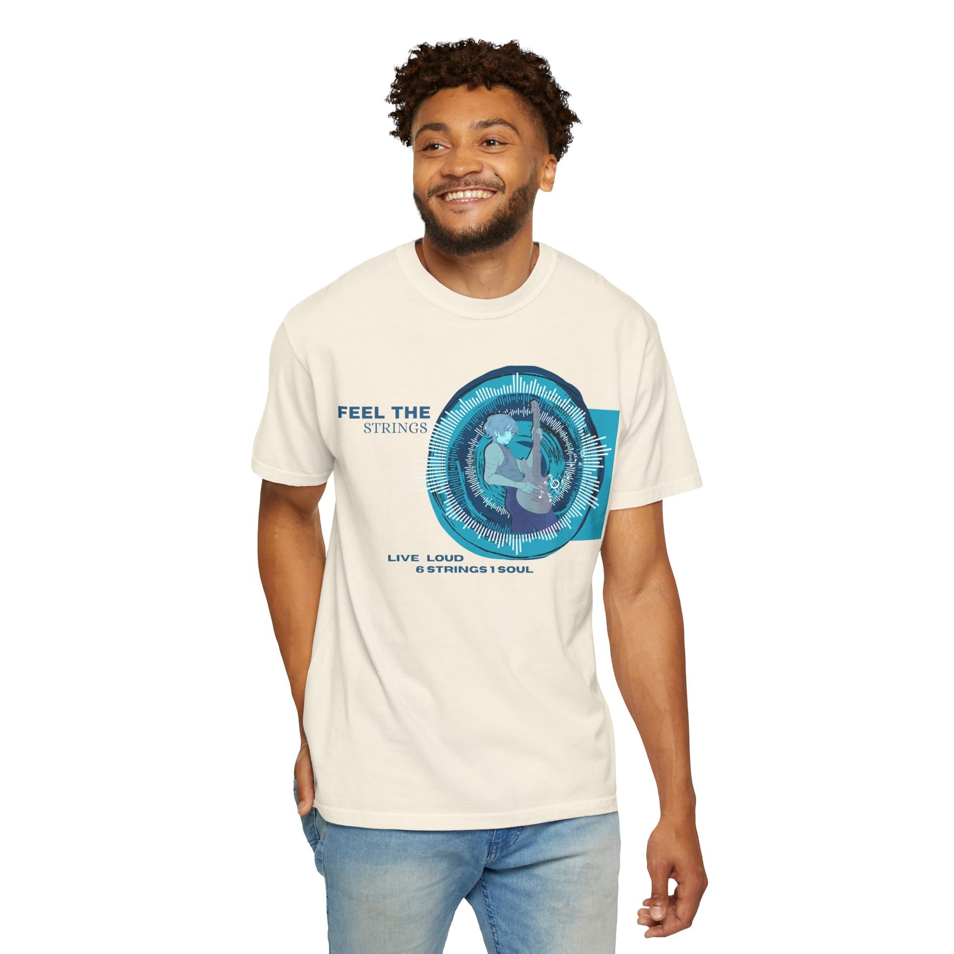 Anime music aesthetic shirt folded flat lay showing vivid blue wave print and texture