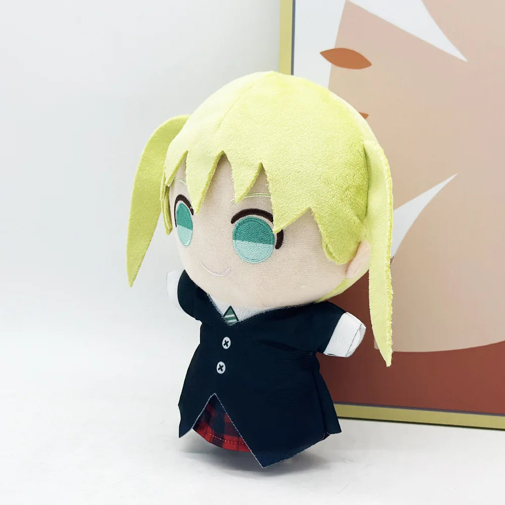 Anime scythe meister plush styled on a bookshelf display