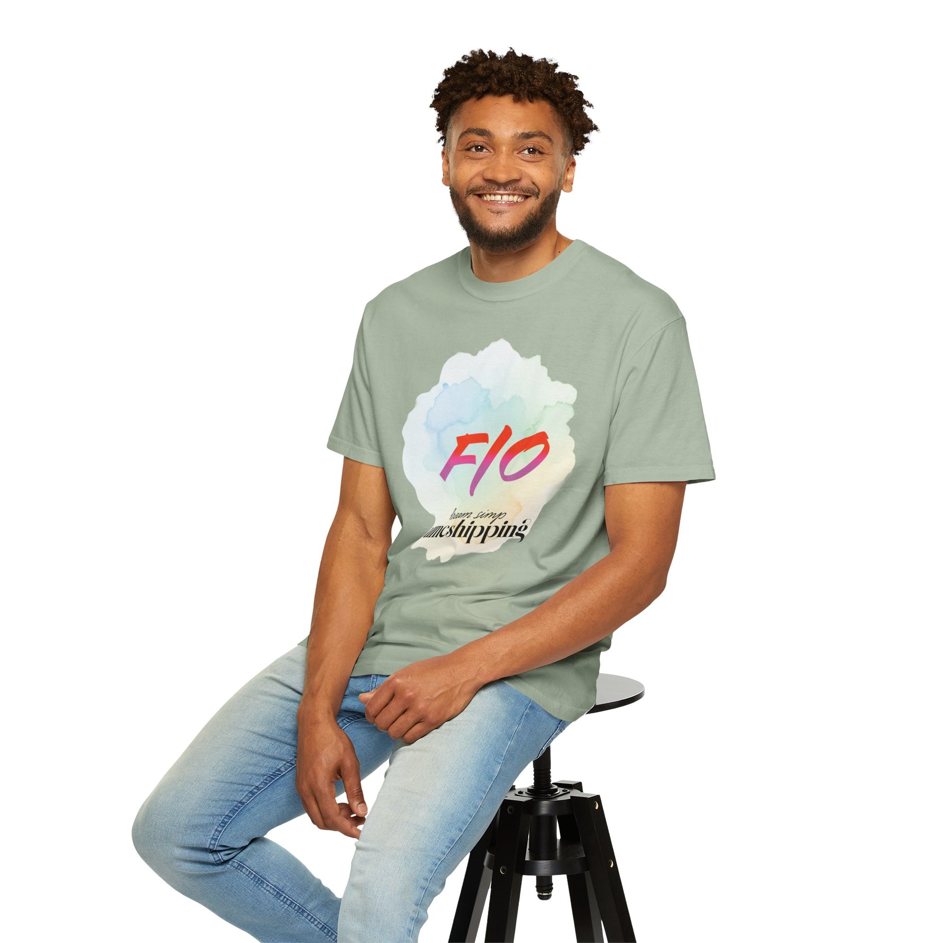 Anime self-insert graphic tee with washed pastel halo and bold stamp logo
