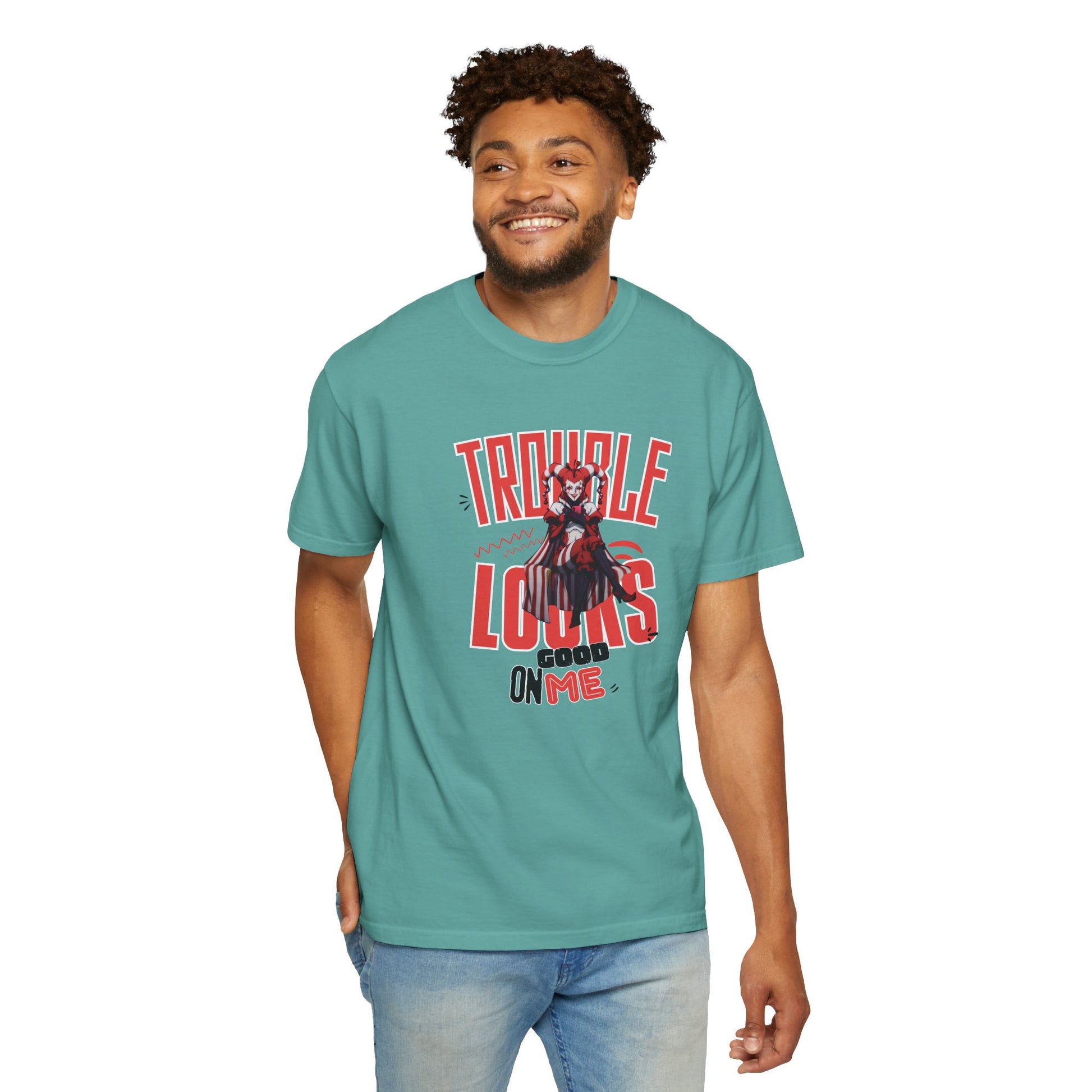 Anime villain graphic tee folded and placed in kraft tissue paper, gift presentation shot
