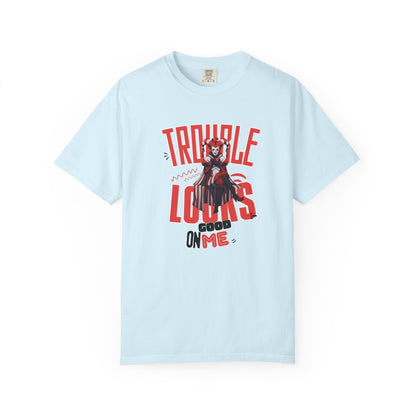 Anime villain graphic tee on Comfort Colors 1717 blank, garment dyed texture visible in product photo
