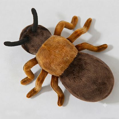 Ant plush toy beside a ruler showing approximate 18 cm body length measurement