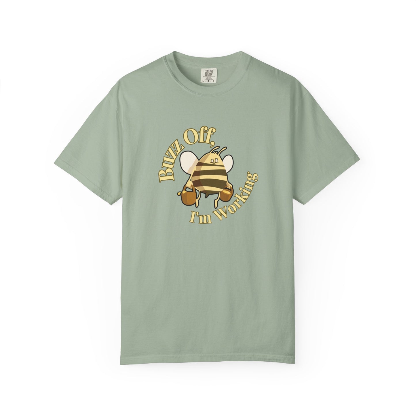 Apiarist humor shirt worn outdoors near wooden beehives in morning light