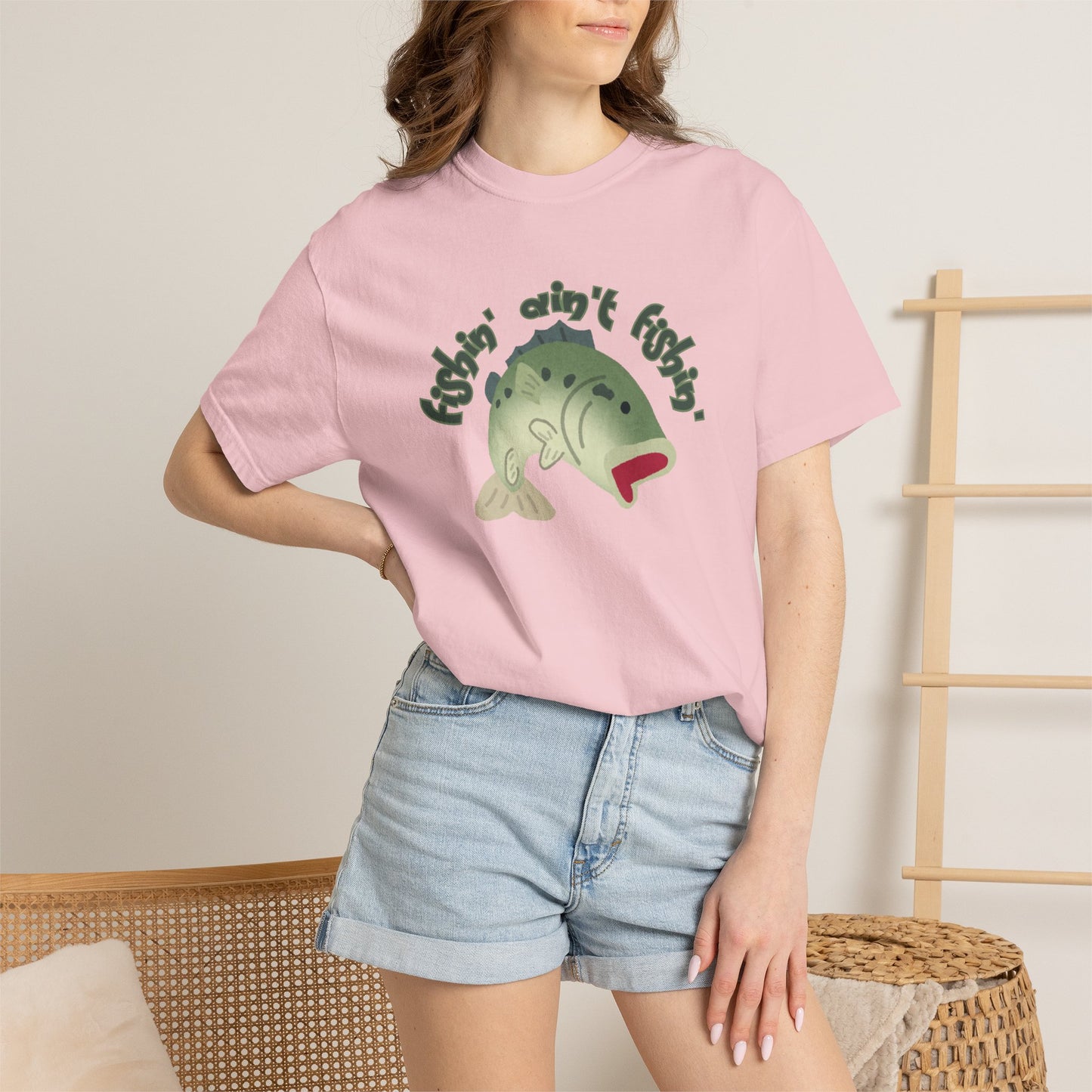Aprasi bass fishing humor tee sized S through 3XL on display