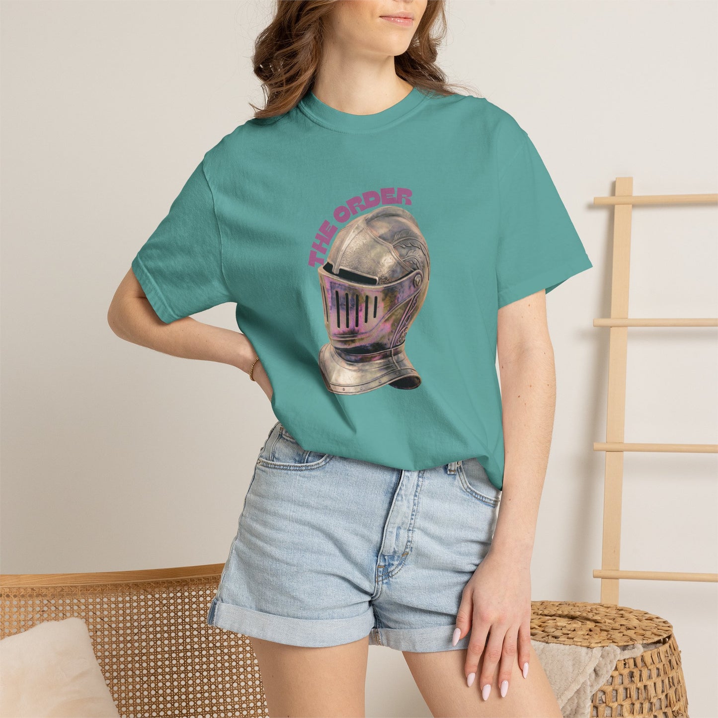 Aprasi knight crest tee styled with leather jacket and boots fan outfit
