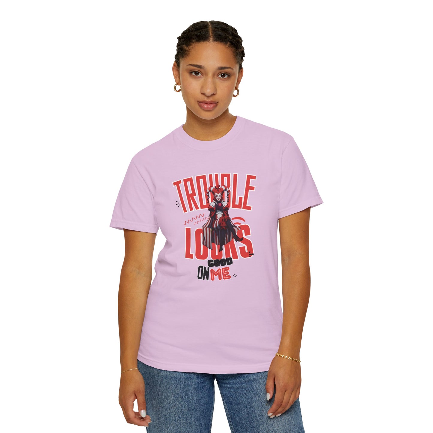 Aprasi original design trouble looks good on me tee shown with aprasi.com hangtag detail
