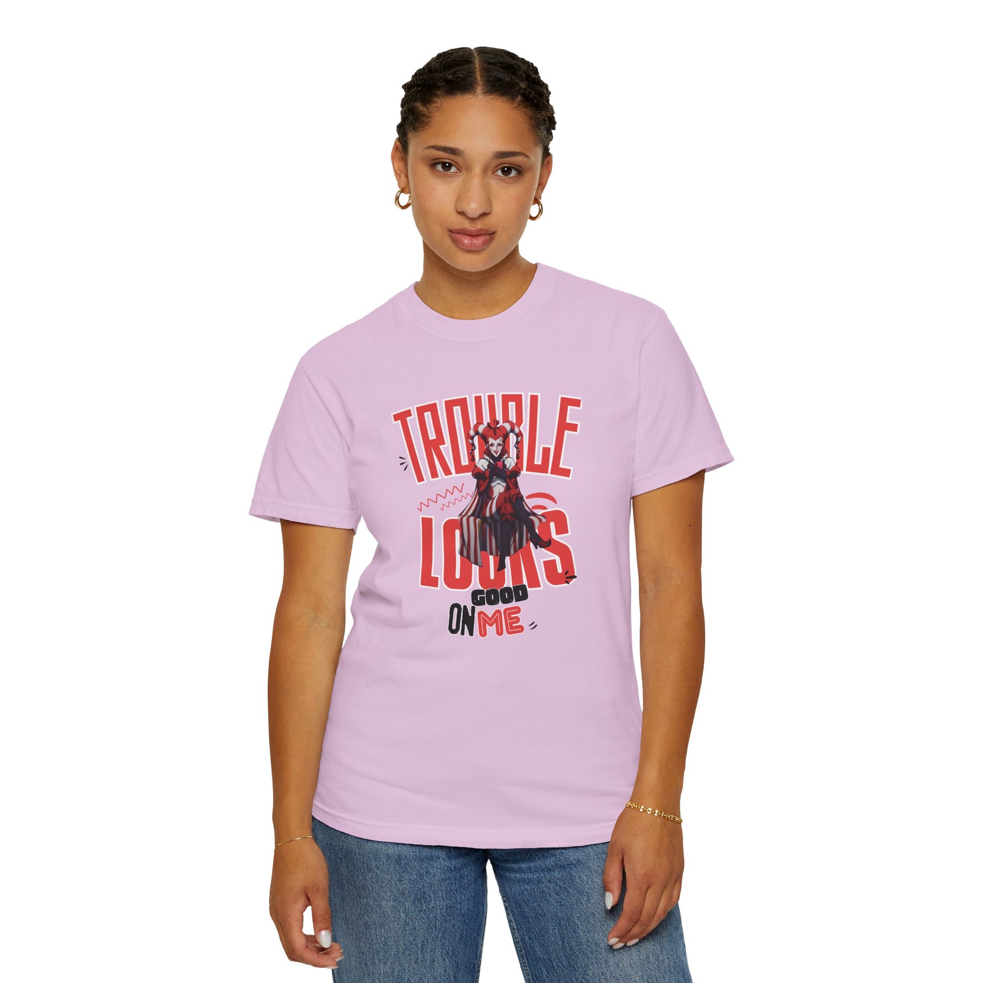 Aprasi original design trouble looks good on me tee shown with aprasi.com hangtag detail
